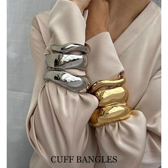 Gold Bangle Bracelets for Women 14k Gold Plated Stackable Cuff Jewelry - Picture 4 of 8